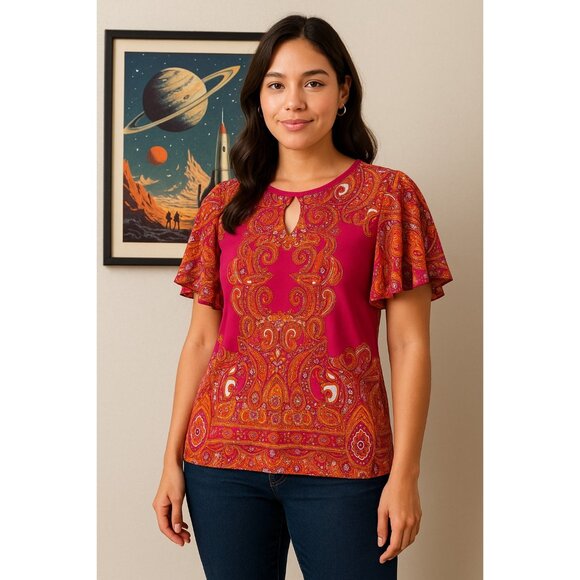 Susan Graver Paisley Flutter Sleeve Keyhole Top XS Pink Orange Boho Stretch - Picture 1 of 6
